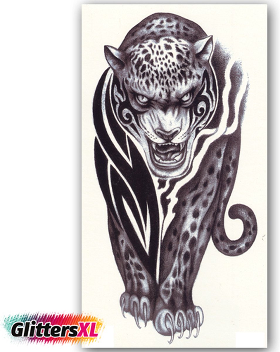 GlittersXL - Temporary Tattoo Tijger/Panter (21x12 cm) [Neptattoo - Tijdelijke tatoeage - Nep Fake Tattoos - Water overdraagbare festival sticker henna outfit tattoo - Glitter tattoo - Volwassenen Kinderen Jongen Meisje]